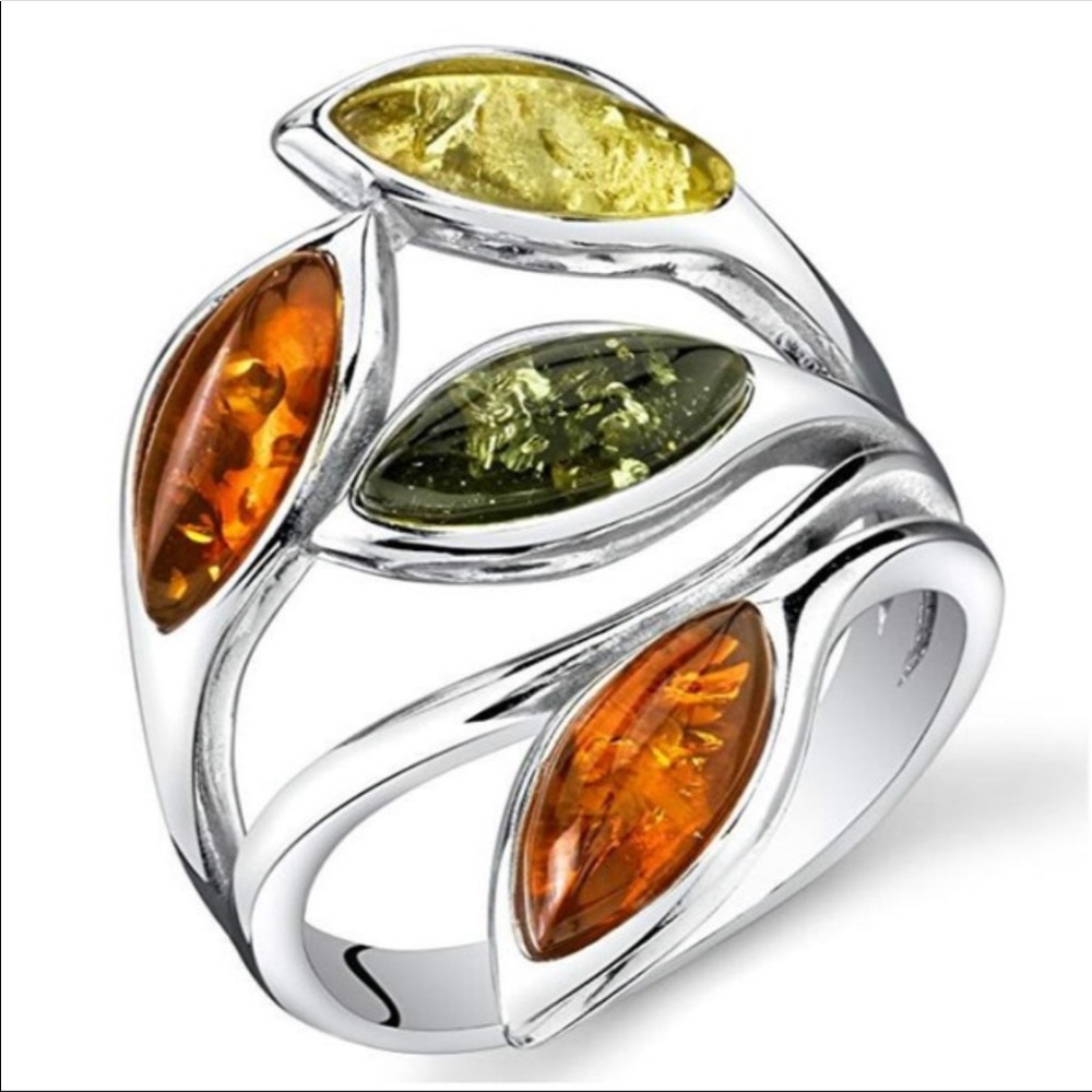 Gorgeous Silver Amber/Olive Leaf Ring